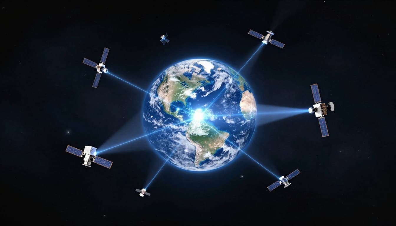 Cluster of low-Earth orbit satellites orbiting Earth, beaming laser links between them and to a remote island below, with visible Earth curvature and stars in dark space. Photorealistic technical diagram style featuring blue and white light beams, clean centered composition on Earth.