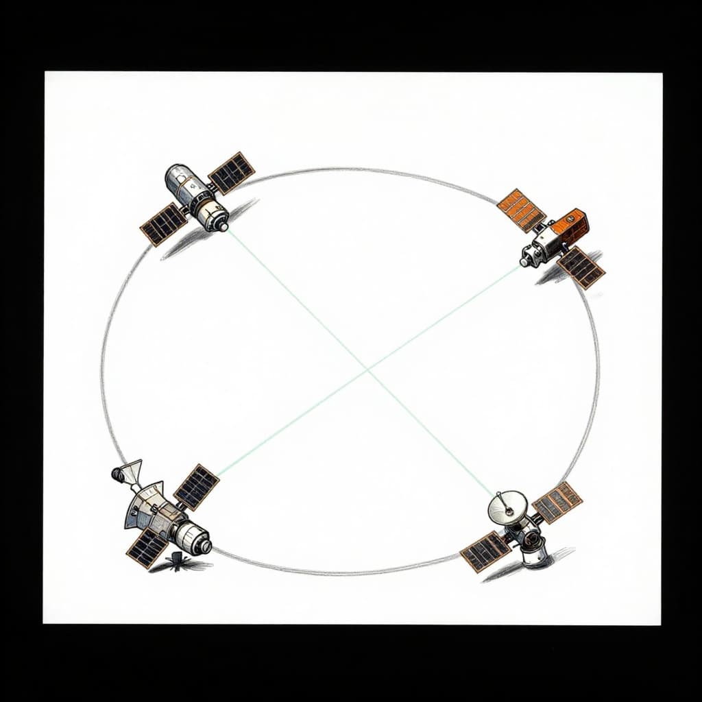 Hand-drawn sketch of four low-Earth orbit satellites circling Earth, linked by lasers beaming to a ground station and phone below, with a simple Earth curve visible.