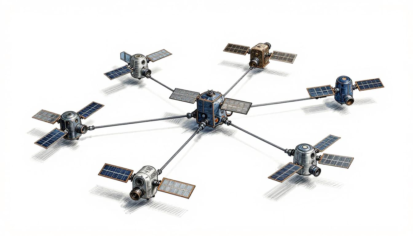 Cluster of small LEO satellites forming a constellation around Earth, depicting a modern broadband internet relay concept in hand-drawn sketch style with graphite linework and light shading on clean white paper background.