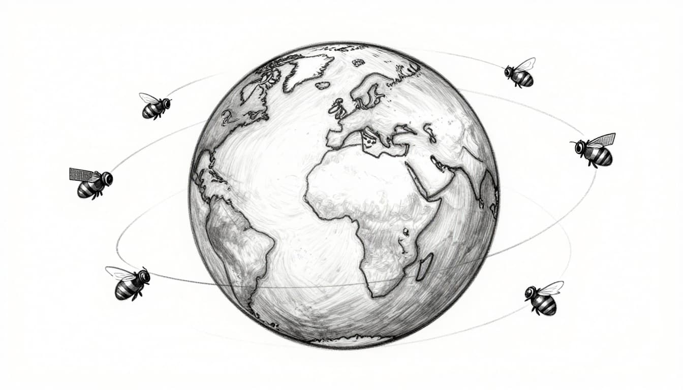 Hand-drawn monochromatic sketch of Earth globe centered with a swarm of small satellites orbiting closely, featuring motion trails like bees around a hive and visible low-altitude paths, in simple graphite linework style on white background.