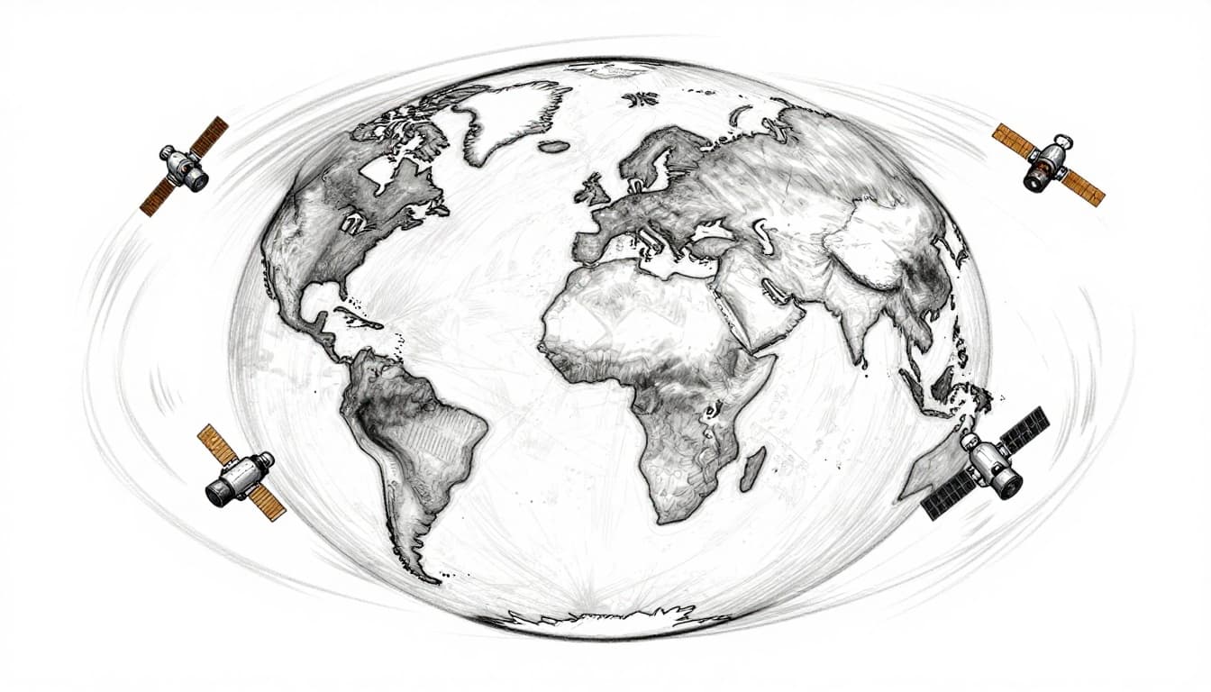 Hand-drawn graphite sketch of Earth from space featuring exactly three small satellites closely orbiting in low Earth orbit with prominent fast motion trails. Detailed continents are visible below, rendered in linework with light shading on a clean white background.