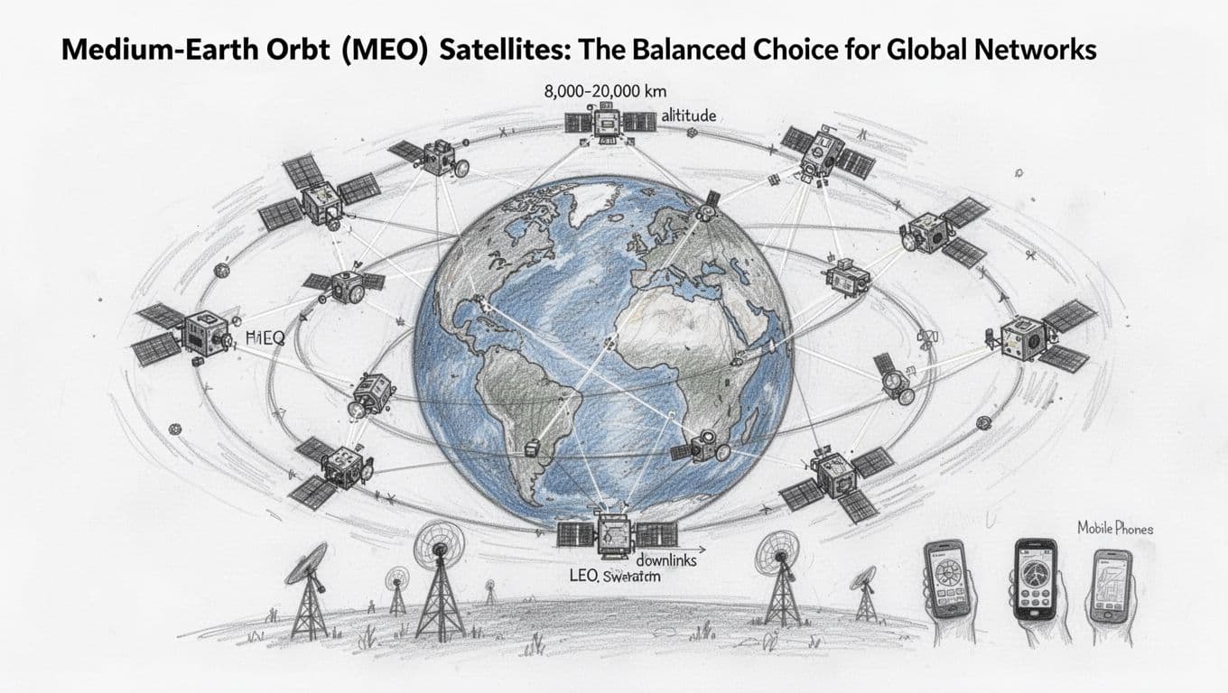 Hand-drawn graphite sketch of Earth encircled by exactly 12 medium-sized MEO satellites in balanced orbital paths, with laser interlinks and downlinks to ground antennas and mobile phones, shown with motion lines on a clean white background.