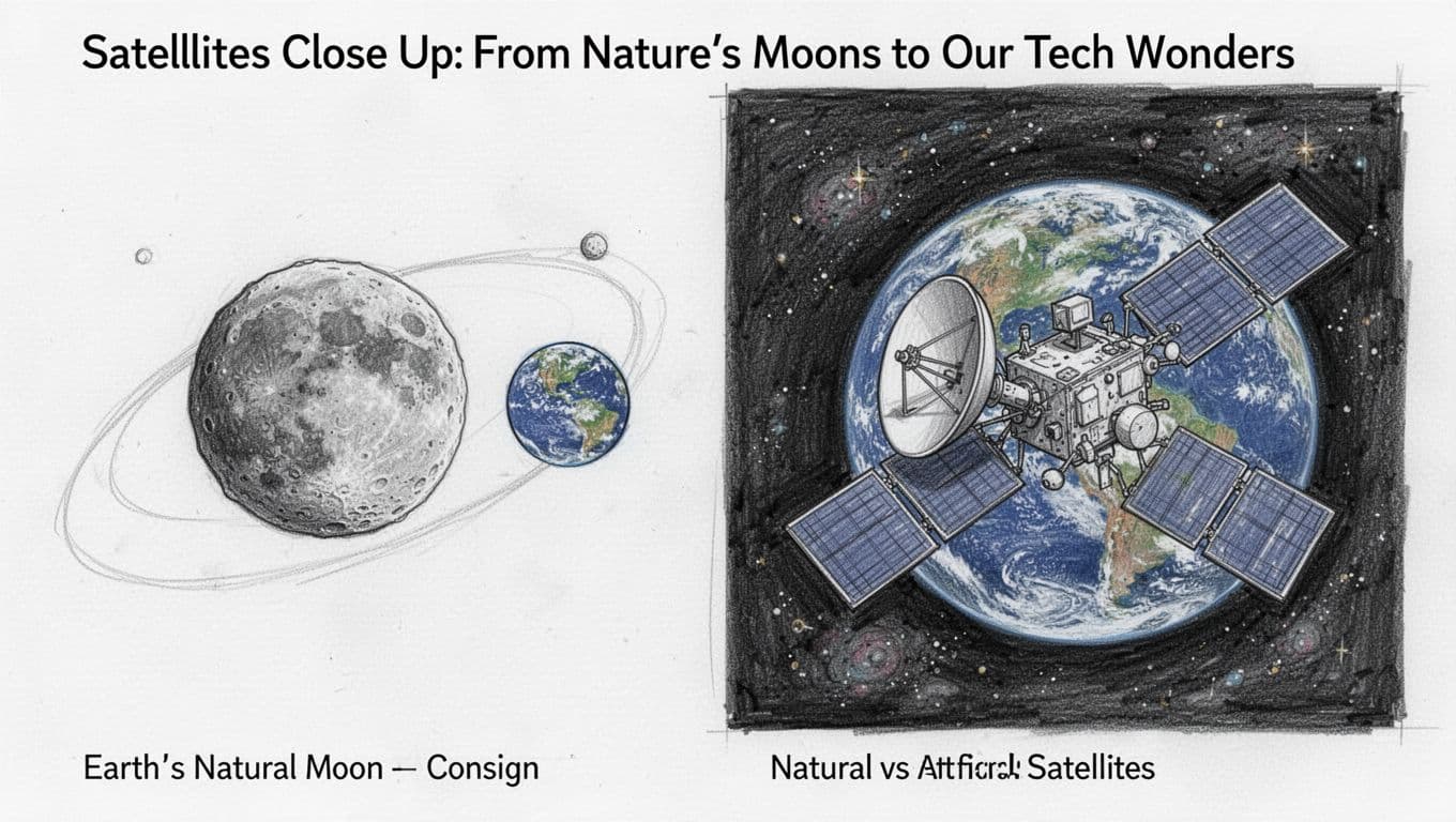 Side-by-side hand-drawn sketch illustration comparing Earth's natural cratered Moon on the left with a detailed artificial satellite featuring extended solar panels and dish antenna on the right, both orbiting a small Earth against a starry space background.