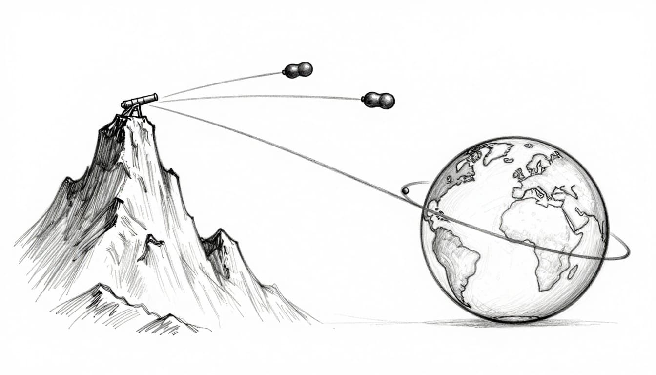 Hand-drawn graphite sketch of a side-view diagram: cannon on mountain peak fires three cannonballs rightward with paths from quick drop, longer arc to Earth, to circular orbit matching globe's curvature.