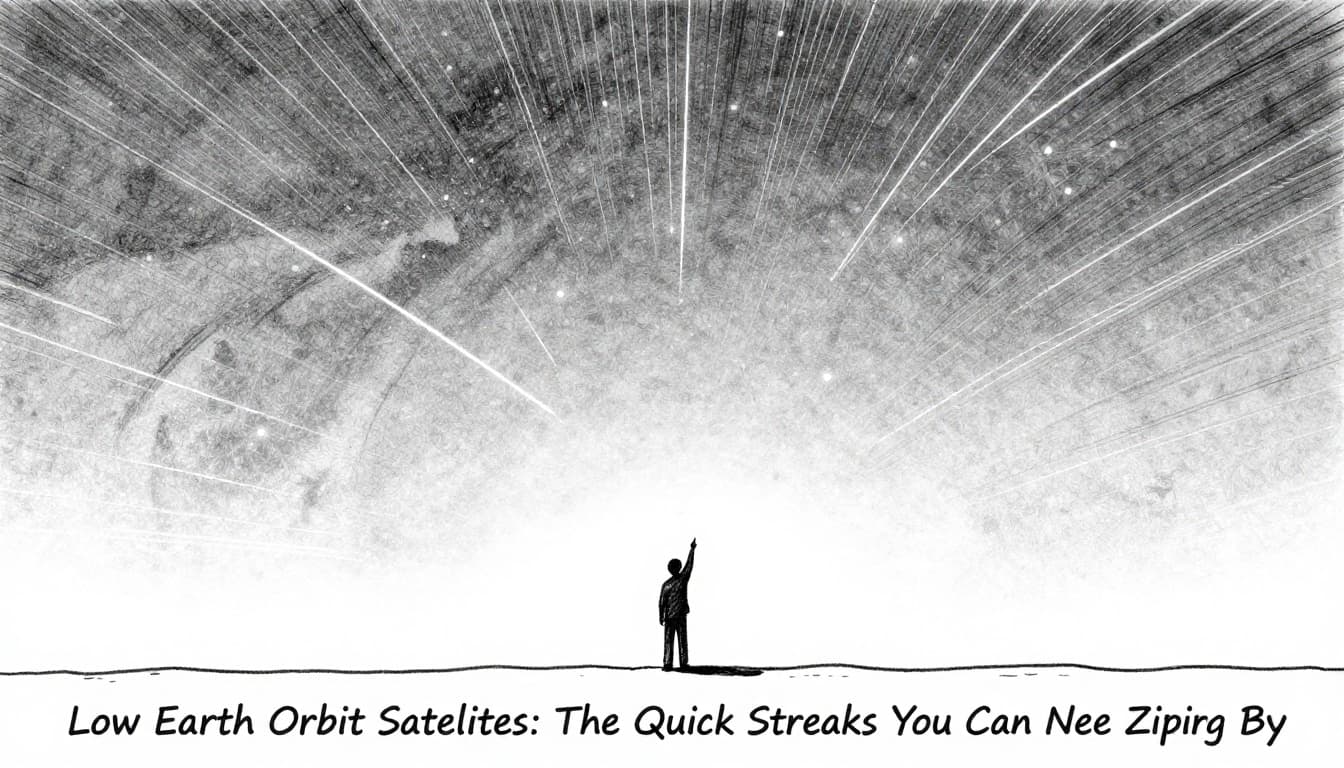 Hand-drawn graphite sketch from ground view at night, showing bright satellite streaks horizontally across a starry sky with subtle Earth curvature, and one person standing below pointing upwards.