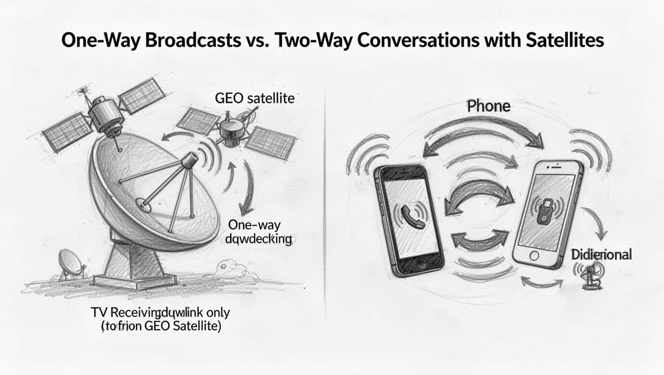 Hand-drawn graphite sketch on white background showing side-by-side contrast between one-way TV satellite broadcast (GEO satellite downlinking to TV dish) and two-way phone communication (uplinking to LEO satellite then downlinking), with arrows for signal flow.