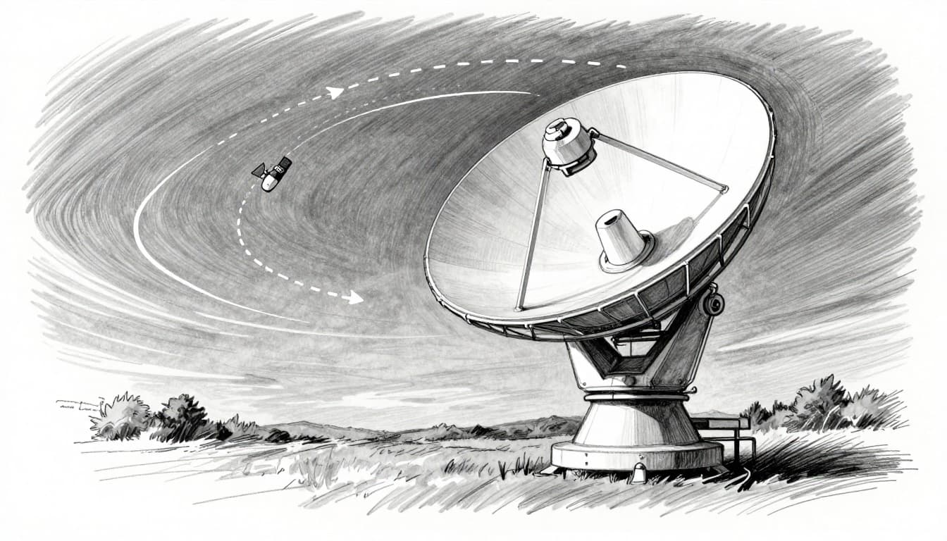 Hand-drawn graphite sketch of a large parabolic dish antenna on a motorized mount at a ground station, swiveling left to precisely track a small satellite orbiting over Earth's curve in the night sky. Dynamic side view with movement arrow, dashed orbit path, light gray shading, and clean white paper background using only grays.