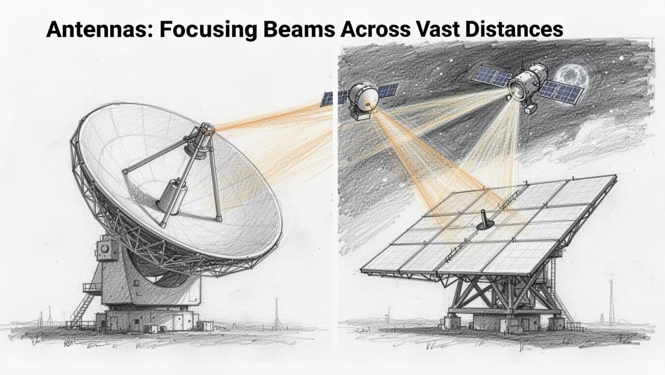 Side-by-side hand-drawn graphite sketch of a large parabolic dish antenna and a flat phased array antenna at a satellite ground station, showing beams focusing to an orbiting satellite.