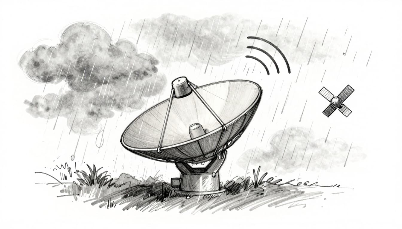Hand-drawn graphite sketch of a ground station dish antenna under heavy rain, with signal waves fading upward to a satellite amid stormy clouds. Side view emphasizes weather interference in a remote location.