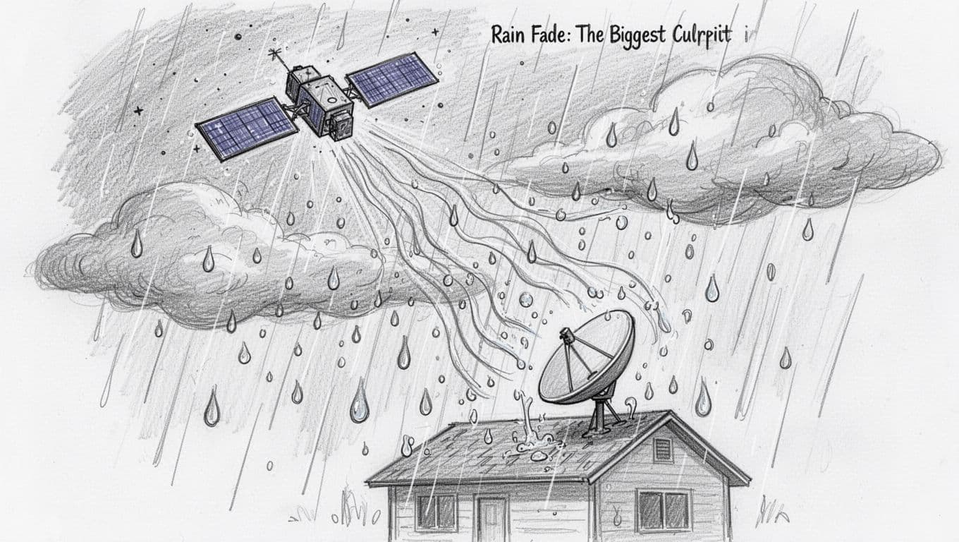 Hand-drawn sketch of a satellite beaming radio waves through dense rain clouds, where large water droplets scatter and absorb the signal before it reaches a small dish antenna on a house roof.