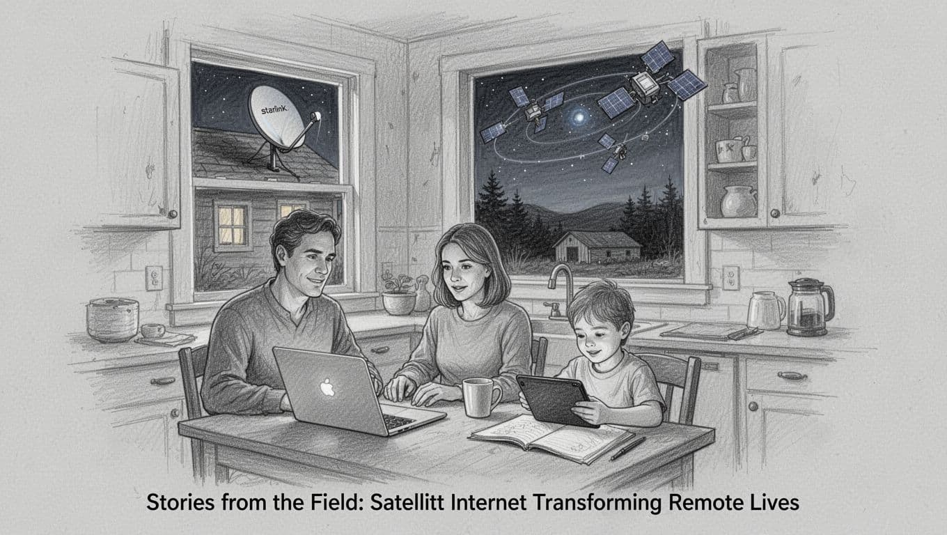 Hand-drawn graphite sketch on light gray paper depicting a family of three in a remote Maine farmhouse kitchen: parents working on a laptop, child on tablet homework, Starlink dish on roof visible through window with orbiting satellites in night sky.