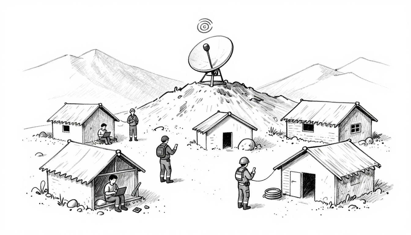 Hand-drawn sketch depicting a remote mountain village with satellite dish receiving signal amid storm, residents using laptops and phones, and rescue team with satellite comms in disaster area.