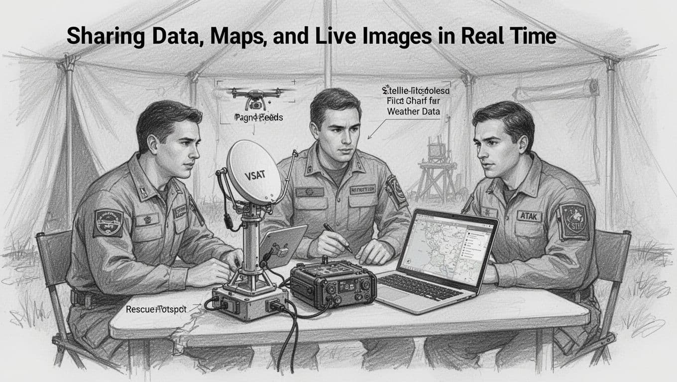 Hand-drawn monochromatic sketch of three-person rescue team collaborating around portable satellite hotspot and laptop with maps, drone feeds, weather data, and ATAK app in disaster field tent.
