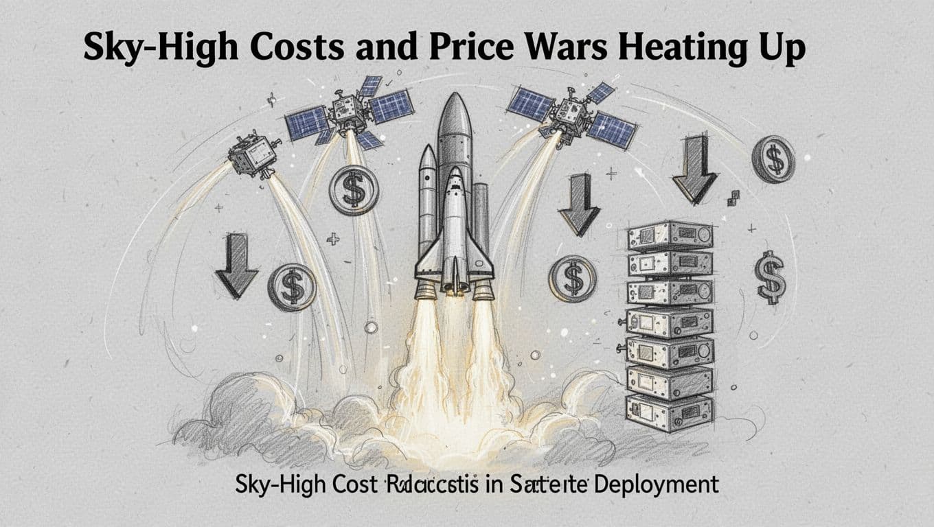 Hand-drawn sketch in graphite linework showing a reusable rocket launching multiple satellites into orbit, with cost comparison icons like downward arrows and money symbols. Light shading on clean light gray paper background, no people, no text or logos.