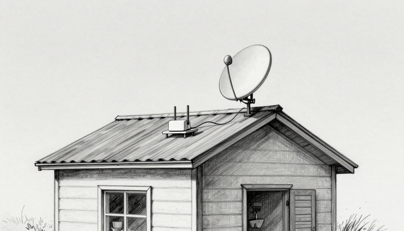 Hand-drawn sketch depicting a small satellite dish on a rural house roof connected by cable to a Wi-Fi router inside a simple cabin kitchen.
