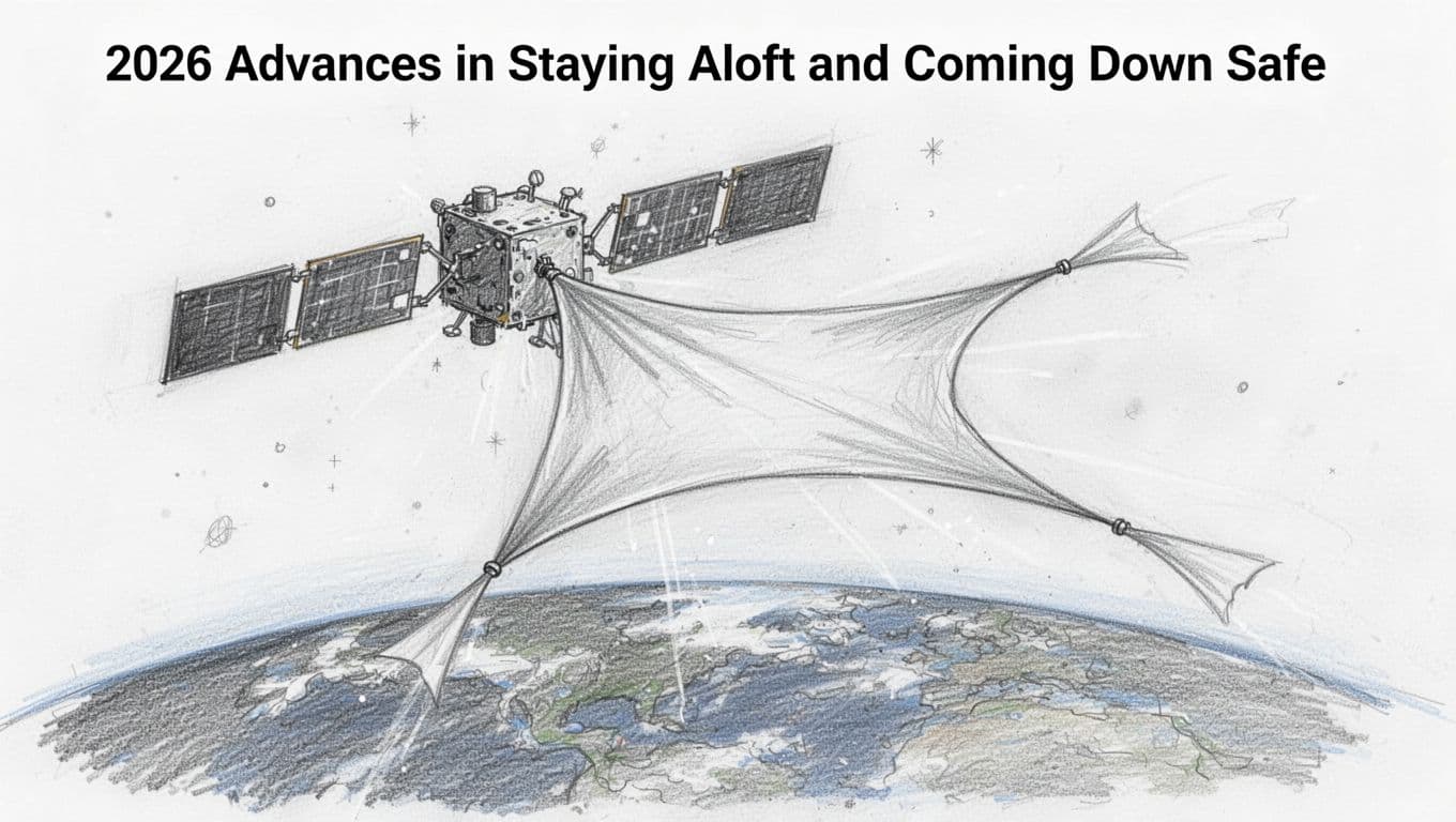 Hand-drawn graphite sketch of a satellite in space deploying a drag sail unfurling like a large thin membrane to increase surface area, with partial Earth view below and clean white background.
