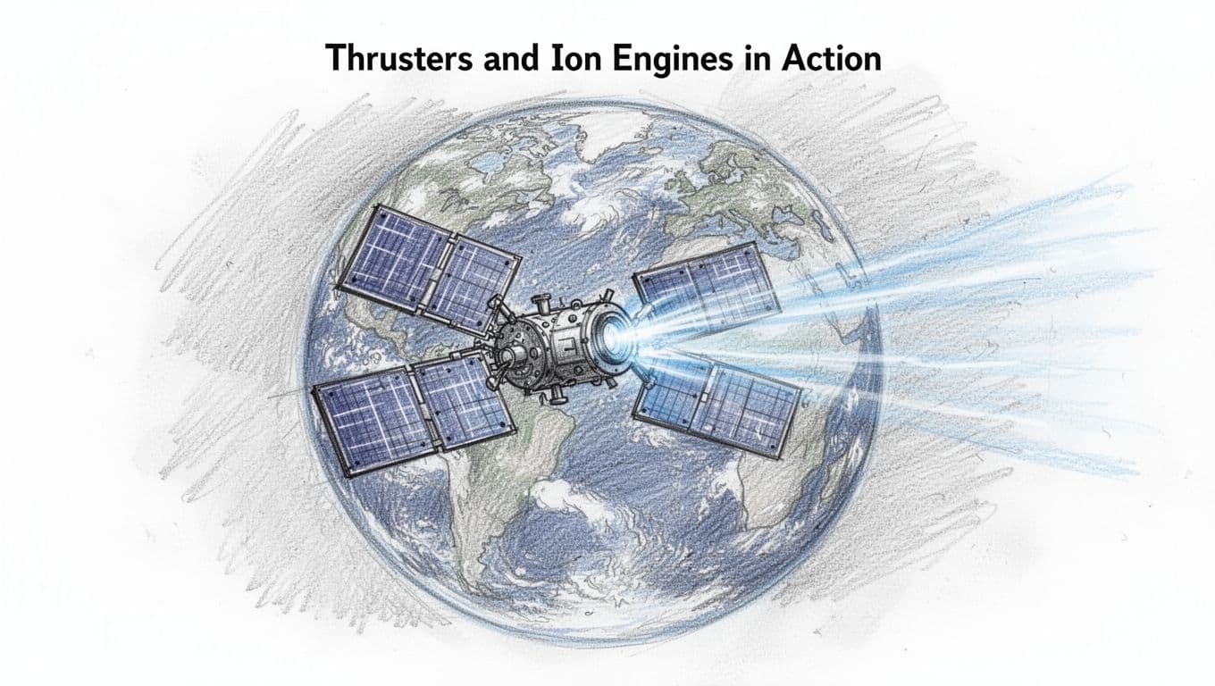 Hand-drawn graphite sketch of a satellite in orbit firing its ion thruster with a faint blue ion beam exhaust trail against the Earth backdrop, featuring light shading and a clean white background.