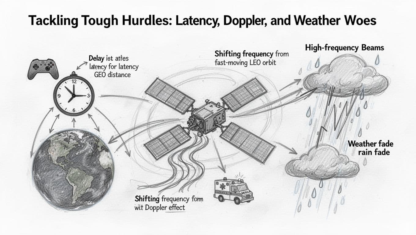 Hand-drawn graphite sketch of a satellite facing three challenges: latency from GEO distance, Doppler effect in LEO orbit, and weather interference from rain clouds, with simple icons like gamer controller, siren, and rain drops.