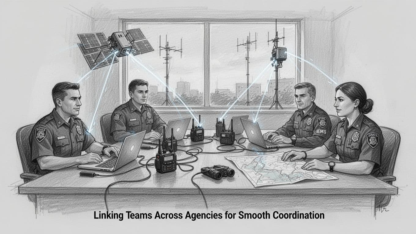 Hand-drawn monochromatic sketch of a multi-agency command center where police, fire, and EMS representatives coordinate operations using satellite modems connecting laptops and radios across tables. Four people discuss maps with relaxed hands, portable antennas visible outside, featuring light shading and graphite linework on a clean light gray background.