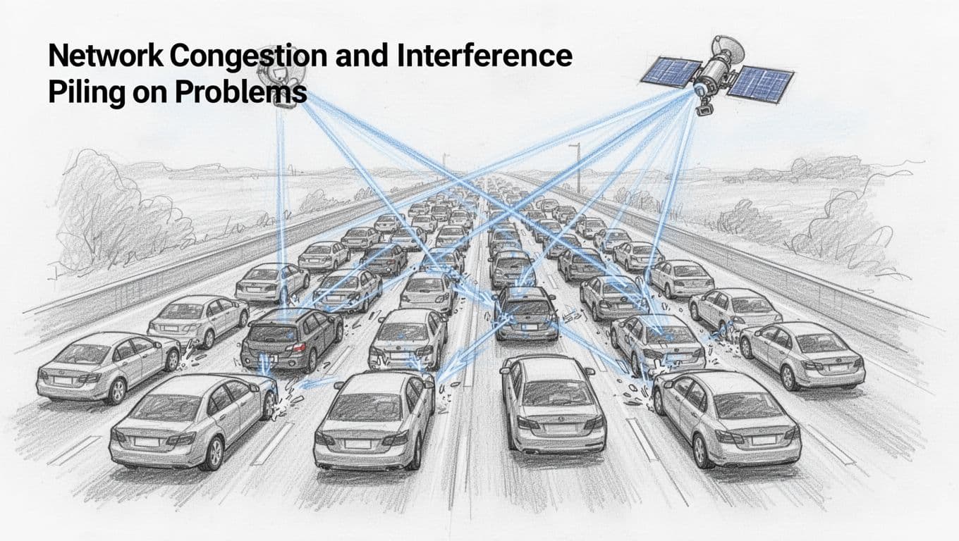 Hand-drawn graphite sketch on white paper showing a busy multi-lane highway traffic jam analogizing satellite network congestion and interference, with packed cars as data packets in spectrum band lanes and overlapping signals from one overhead satellite causing pileups.