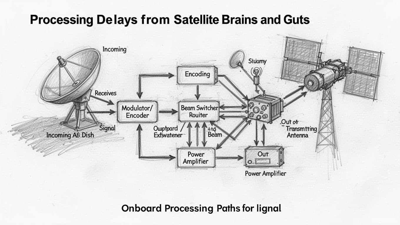 Hand-drawn graphite sketch diagram on white paper showing a satellite's cutaway view of the onboard signal processing path: from incoming dish antenna to modulator/encoder, beam switcher/router, power amplifier, and transmitting antenna with simple flow arrows.