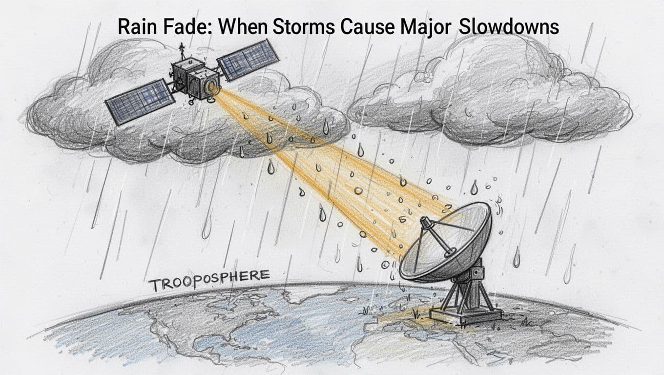 Hand-drawn graphite sketch of a geostationary satellite beam traveling through thick rain clouds to a ground dish antenna, showing visible attenuation and scattering from rain drops.
