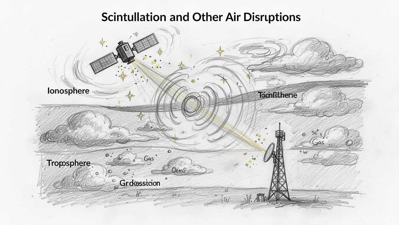 Hand-drawn graphite sketch on white paper showing satellite signal twinkling and distorting through ionosphere and troposphere layers with scintillation waves rippling the beam from satellite to ground antenna.