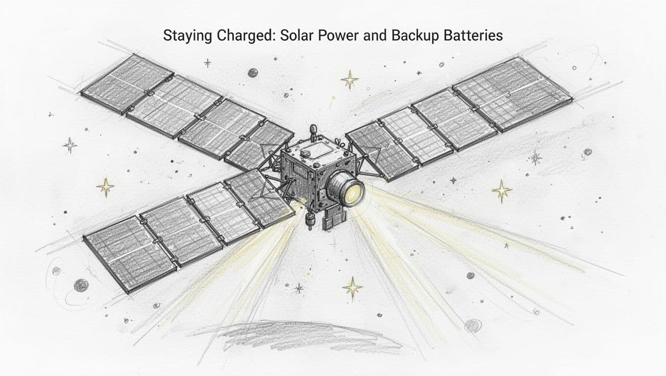 Hand-drawn graphite sketch of a compact satellite unfolding its large solar panel wings in Earth orbit to catch sunlight beams, with sparse starry background and light shading on white paper.