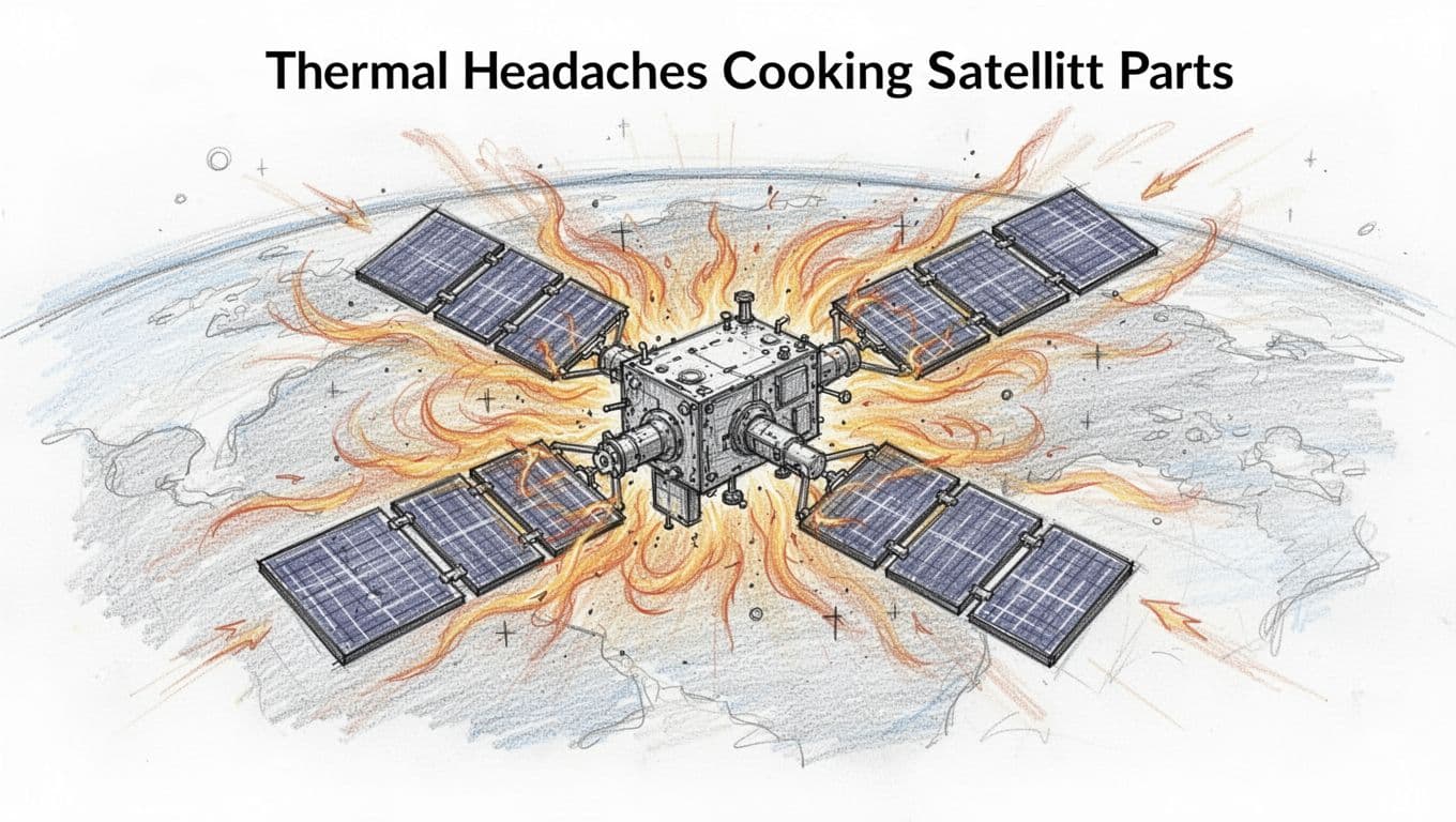 Satellite in low Earth orbit faces thermal overload from geomagnetic storm-induced atmospheric drag, with expanded hot upper atmosphere pressing against it, heat waves distorting surfaces, and strained cooling radiators in graphite linework hand-drawn sketch style.