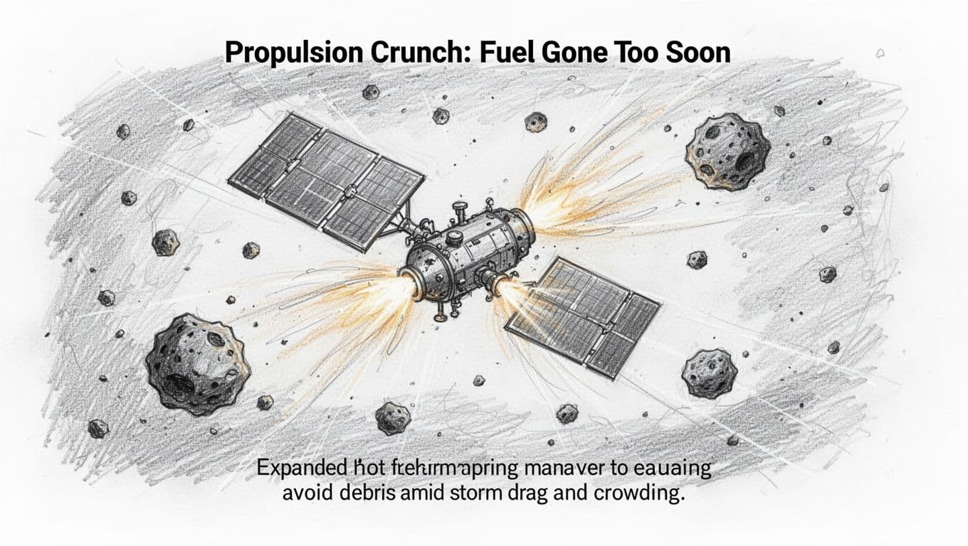 Hand-drawn sketch of a satellite firing small propulsion thrusters to evade debris pieces in crowded low Earth orbit during a geomagnetic storm, showing faint thruster exhaust and nearby debris.