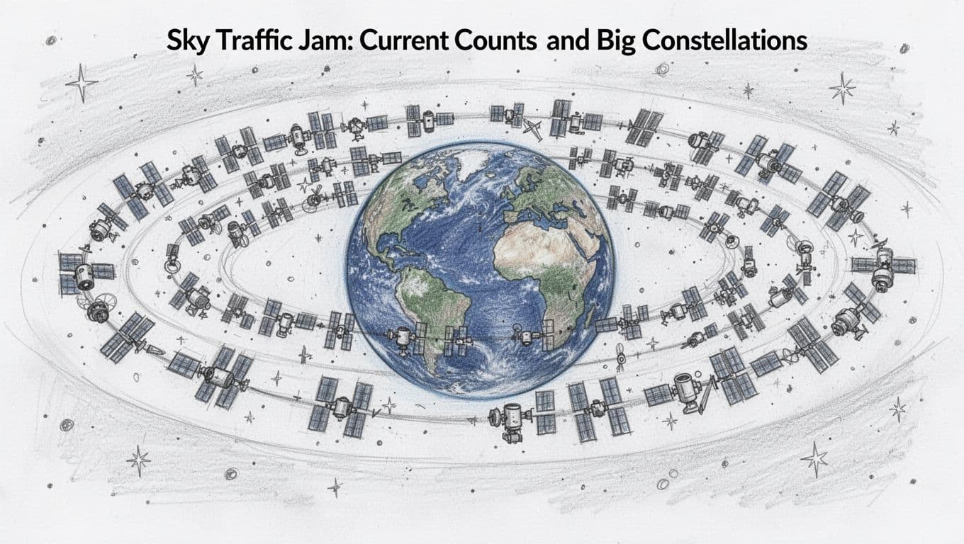 Hand-drawn graphite sketch of Earth globe surrounded by dense clusters of small satellite icons in low Earth orbit bands, illustrating heavy orbital traffic from thousands of satellites like Starlink.