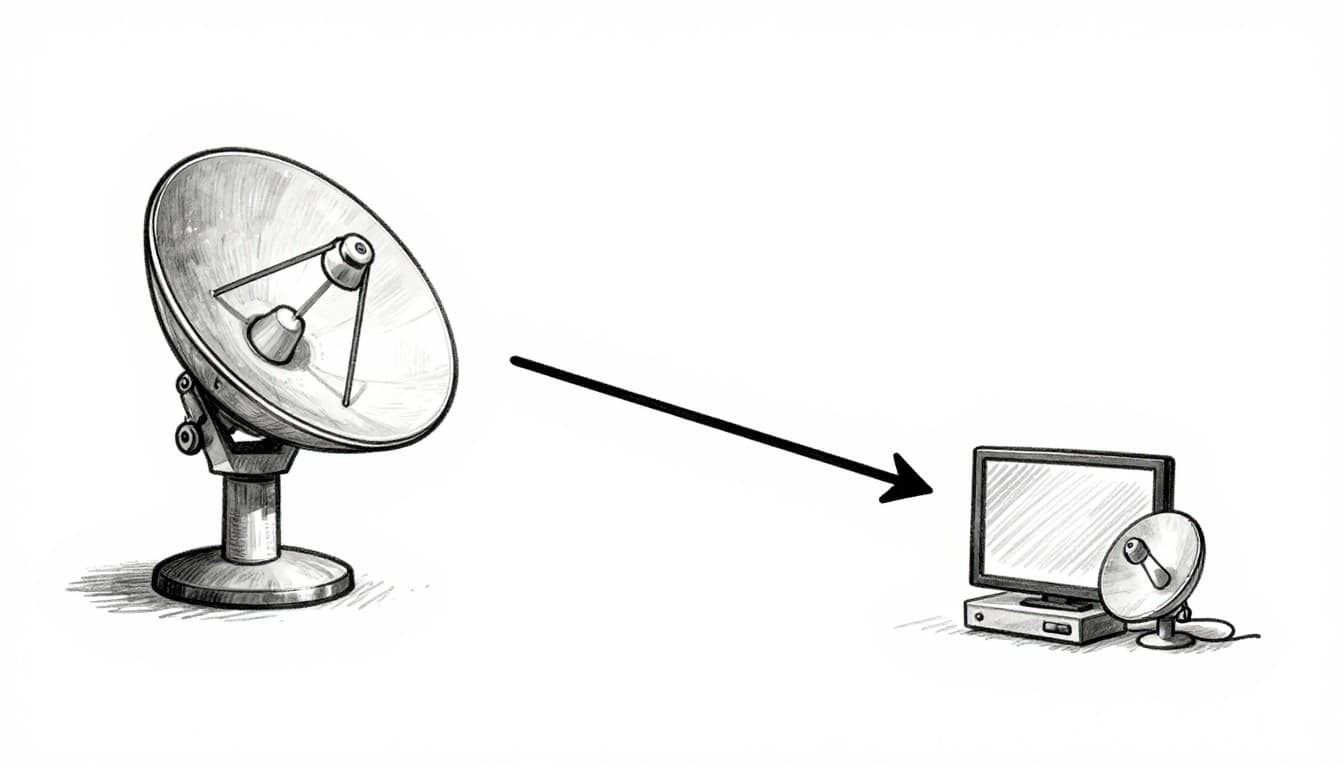 Simple hand-drawn diagram illustrating the complete TV signal journey from broadcast center uplink dish to geostationary satellite and downlink to home dish and TV receiver, using icons and arrows only.