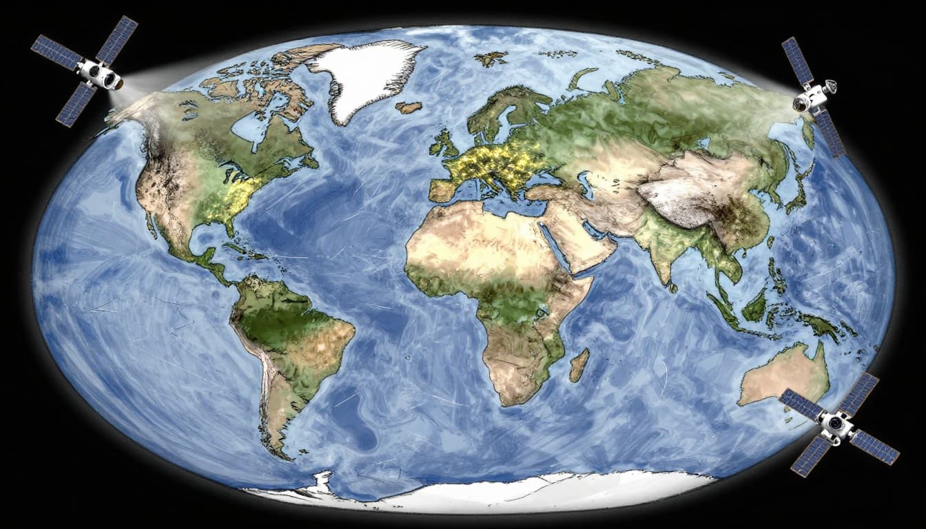 Earth globe from space with dark patches over remote rural areas, deserts, islands, and oceans contrasted against lit-up cities, illuminated by beams from low-orbit satellites. Hand-drawn graphite sketch style on clean white background.