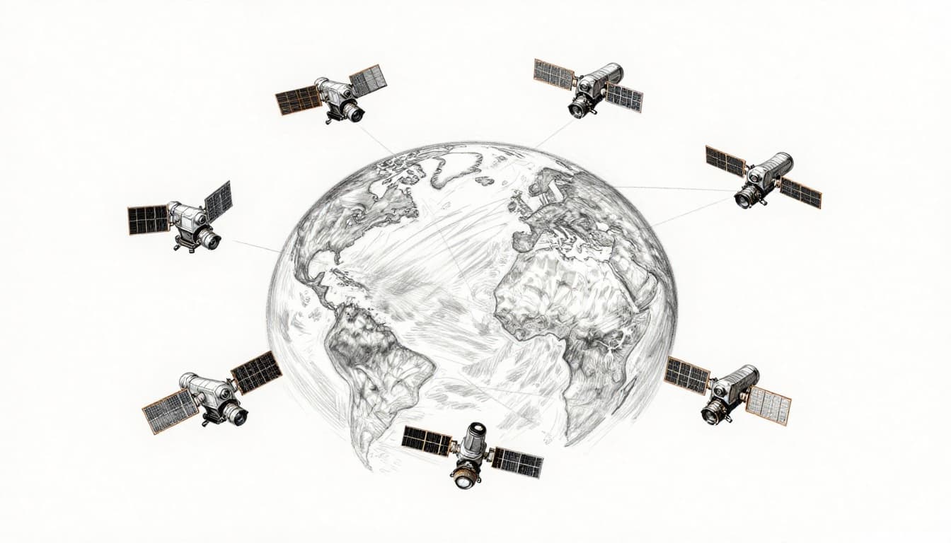 Hand-drawn monochrome sketch of eight small satellites in low Earth orbit imaging Earth's crop fields and ocean, with orbital path lines.