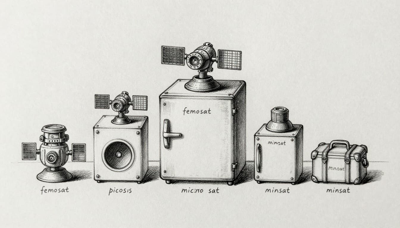 Hand-drawn monochrome sketch depicting various small satellite types arranged by size: femtosat (dot), picosat (coin), nanosat (shoebox), microsat (fridge), and minsat (suitcase), with scale implied on a neutral table.