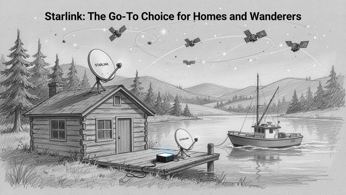 Hand-drawn graphite sketch showing a Starlink satellite dish on a remote wooden cabin roof amid pine trees and hills, and another on a fishing boat deck by a lake, with orbiting LEO satellites in the sky.