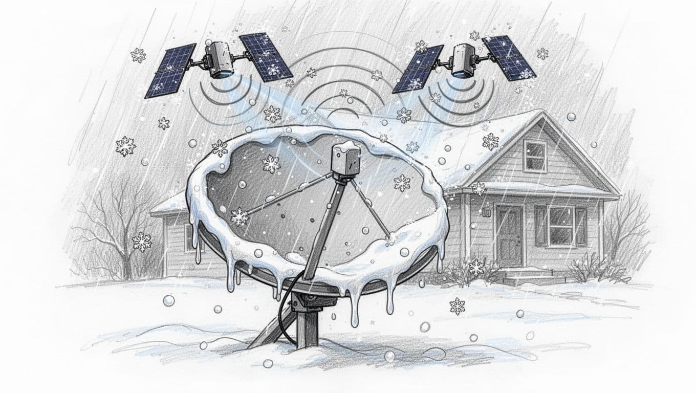Hand-drawn sketch of a Starlink satellite dish covered in melting snow during a storm, with signal waves from satellites blocked by heavy snowflakes and ice buildup. House in the background on clean white paper.