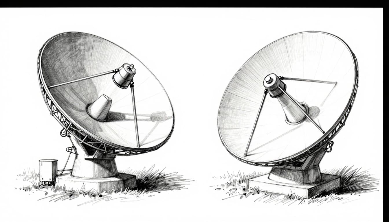 Hand-drawn graphite sketch on white paper showing side-by-side comparison of a traditional parabolic dish antenna with support struts and a modern flat phased array antenna panel, both on ground station base under clear sky.