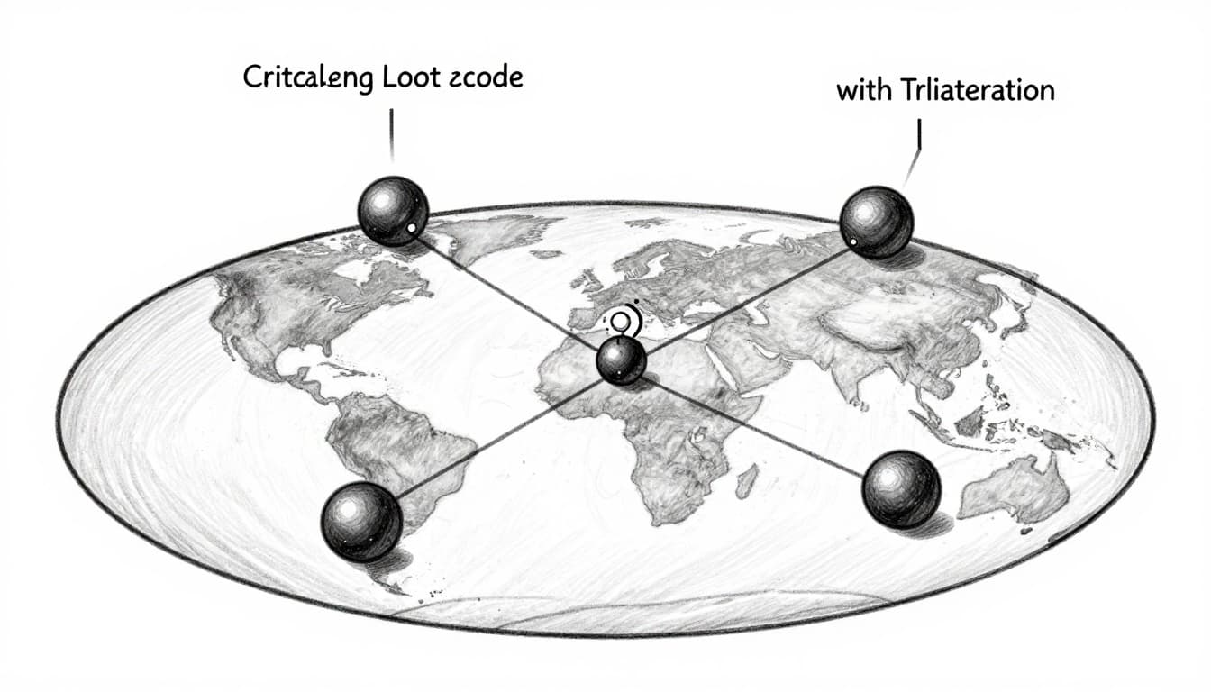 Hand-drawn graphite sketch on clean white background showing trilateration: four satellites above Earth with distance spheres intersecting at a receiver icon on the surface, illustrating step-by-step location pinpointing.