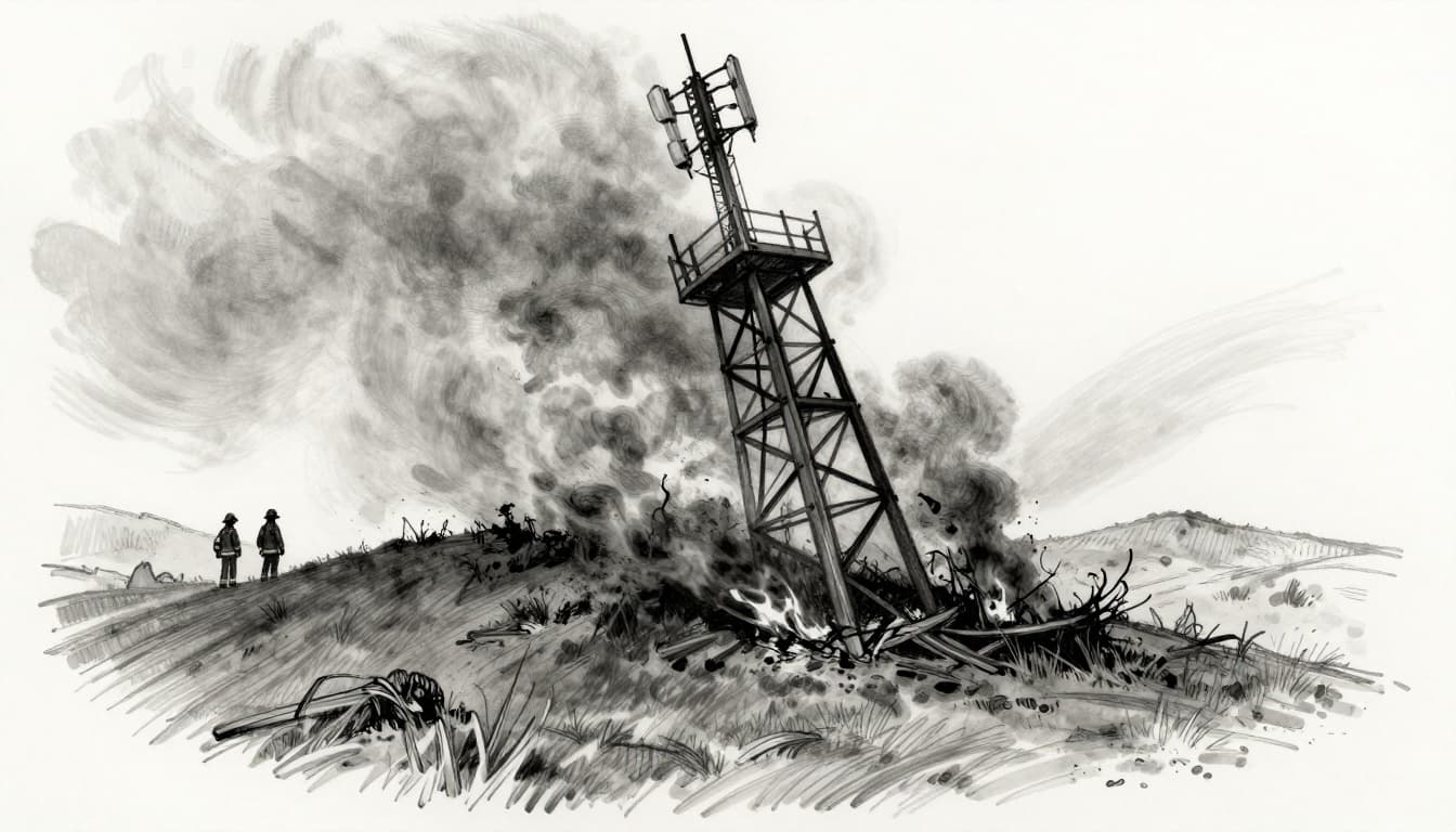 Hand-drawn monochromatic sketch of a single damaged cell tower leaning amid wildfire flames and smoke on a rural California hillside, with two distant firefighters observing.